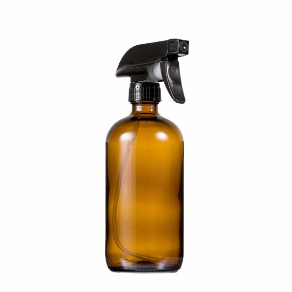 16oz Amber Glass Spray bottle Round Boston with Fine Trigger Sprayer - Image 2